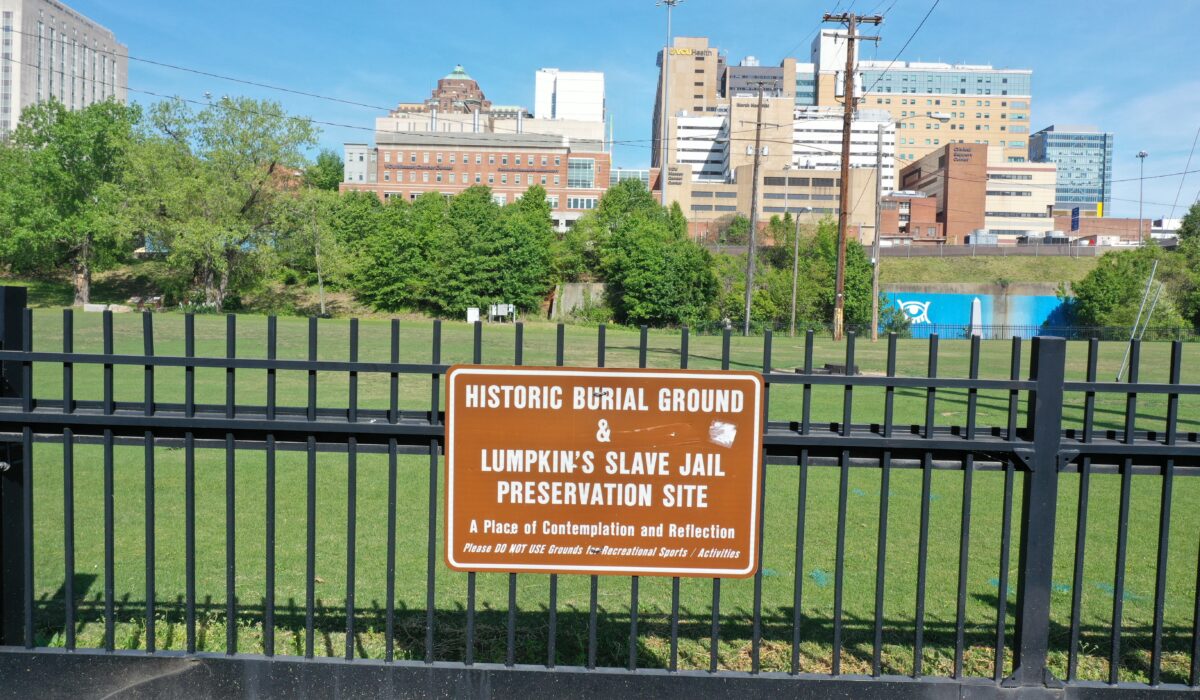 Sign marks Historic Burial Ground and Lumpkin's Slave Jail site.