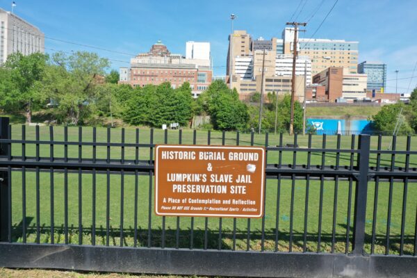 Sign marks Historic Burial Ground and Lumpkin's Slave Jail site.