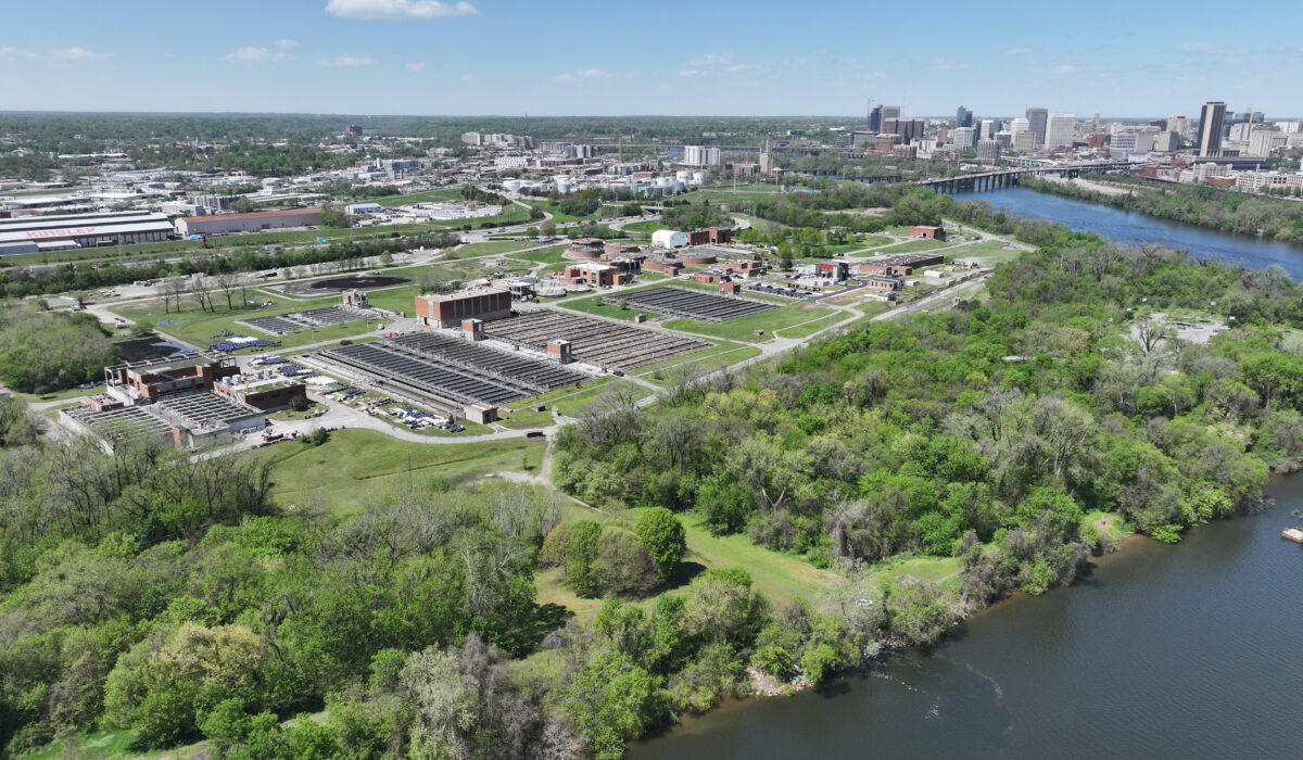 A city with a river and trees.