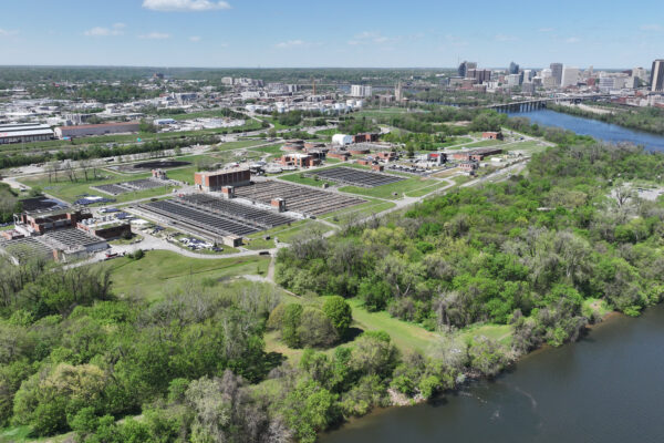 A city with a river and trees.
