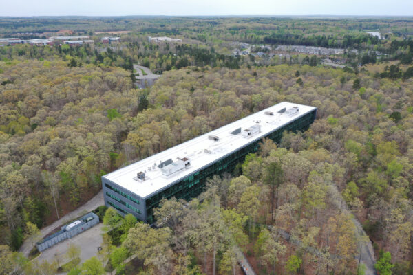 Aerial view: white-roofed building in forest, buildings behind.